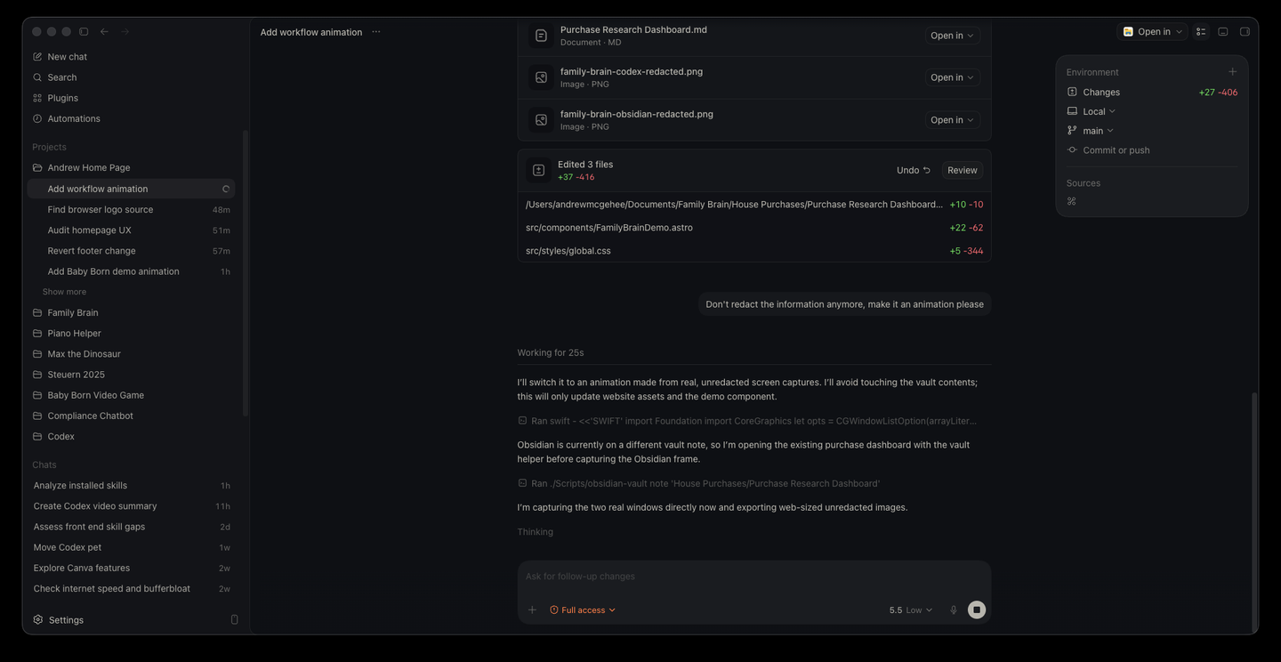 Screen capture of Codex showing the Family Brain workflow request.